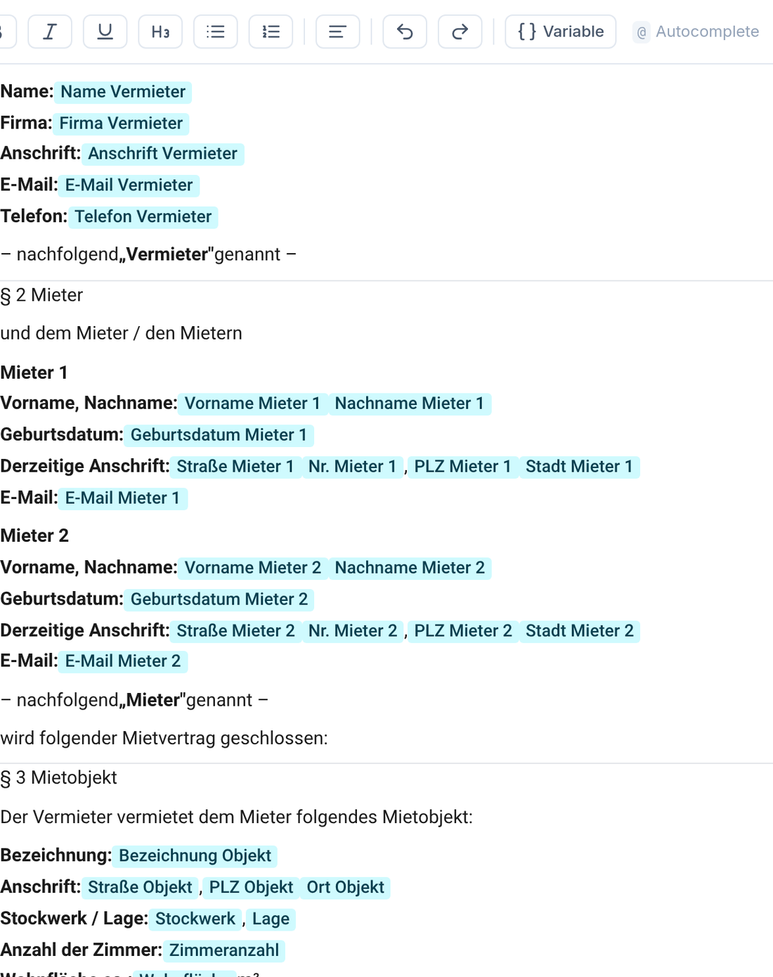 Vertrags-Editor mit Formatier-Toolbar, „{} Variable“ und automatisch befüllten Platzhaltern im Vertragstext