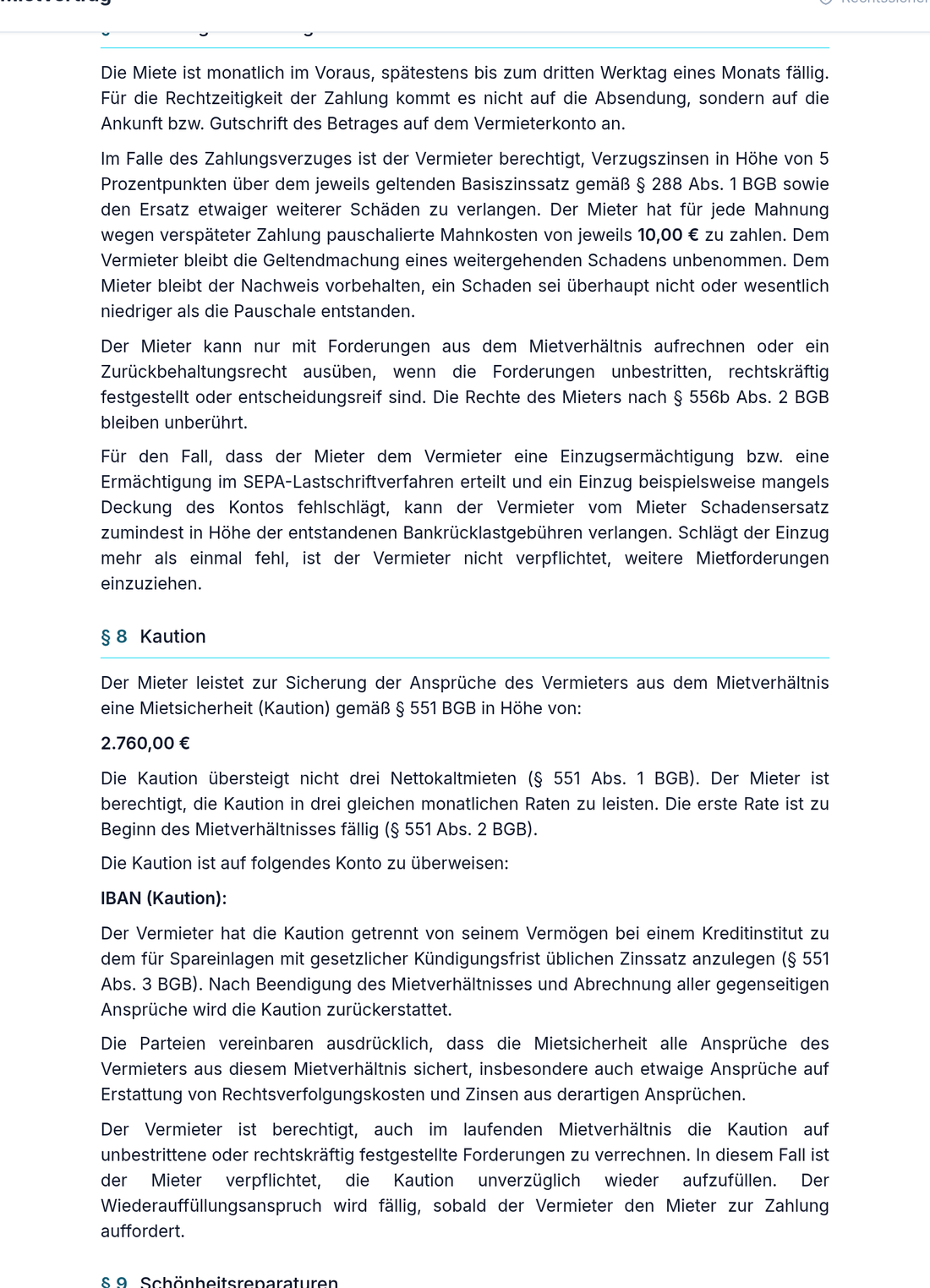 § 8 Kleinreparaturklausel im Vertrag mit gedeckelter Kostengrenze und BGH-Zitat (VIII ZR 129/91)