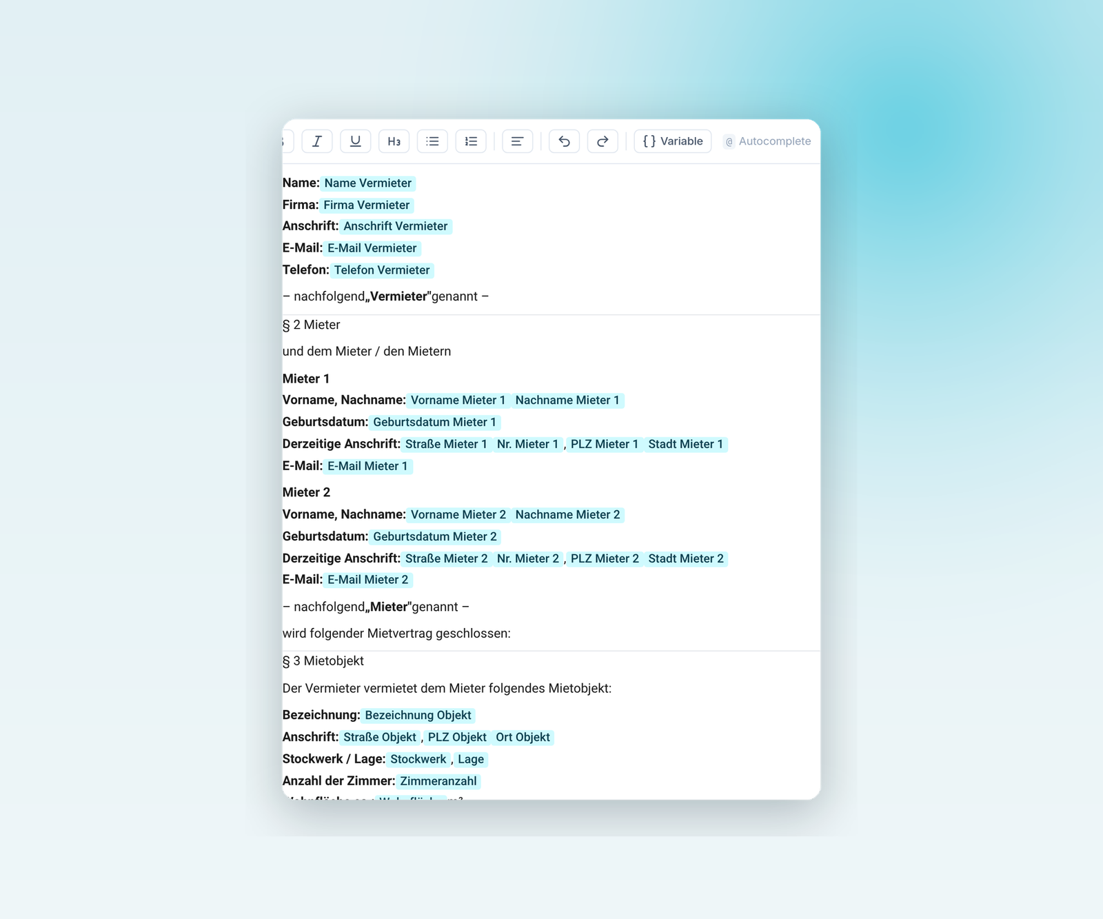 signcasa Vertrags-Builder mit Editor und Platzhalter-Katalog