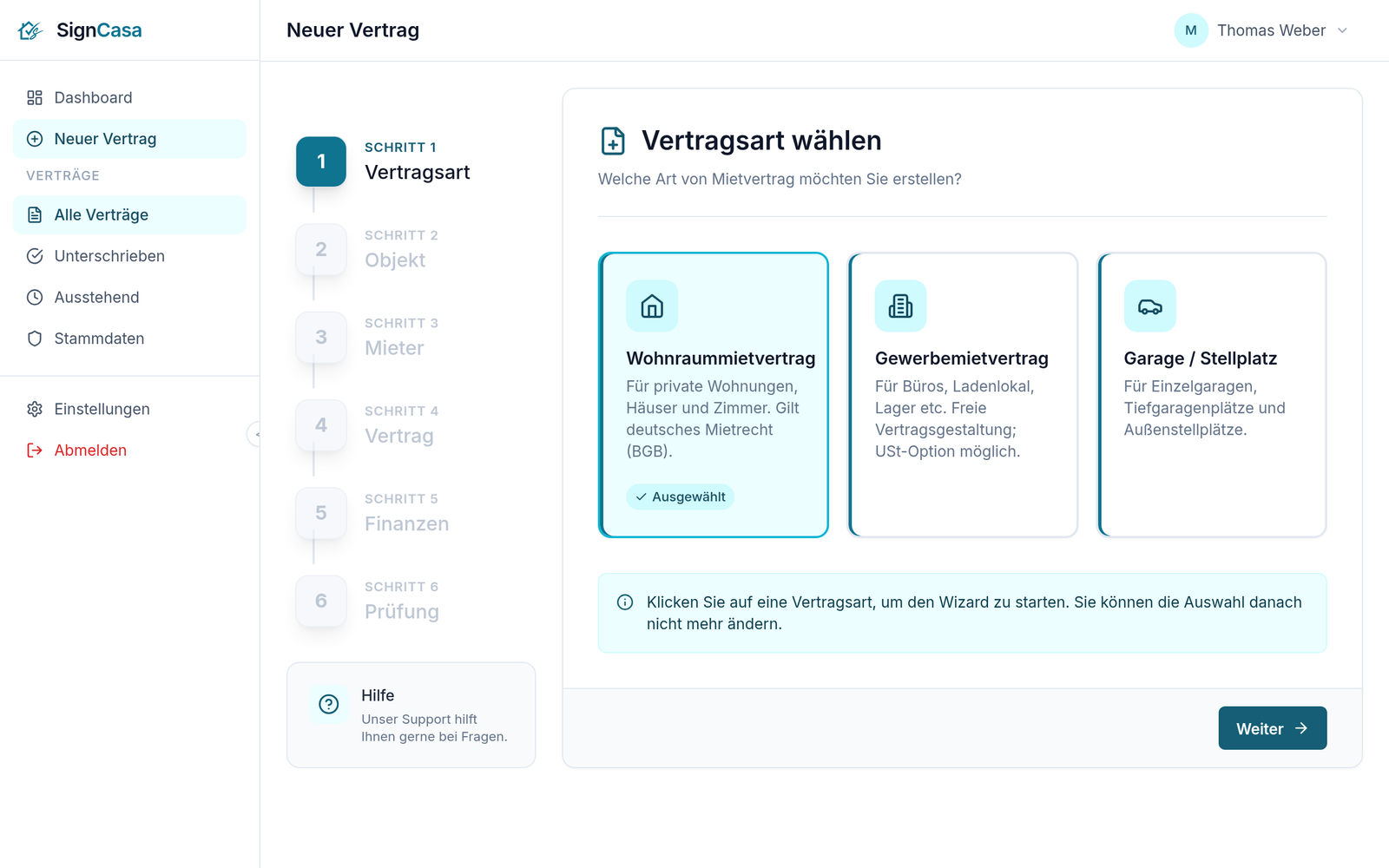 signcasa Wizard: geführtes Erstellen eines Mietvertrags Schritt für Schritt im Browser
